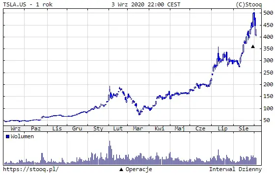 Wykres 1: Akcje spółki Tesla (1 rok)